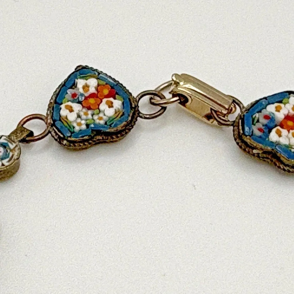Vintage Italian Micro Mosaic Heart Bracelet Blue Floral Dainty Italy 7
